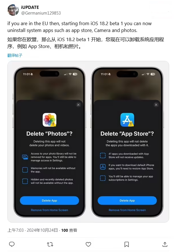 浦东苹果手机维修分享iOS 18.2 支持删除 App Store 应用商店 
