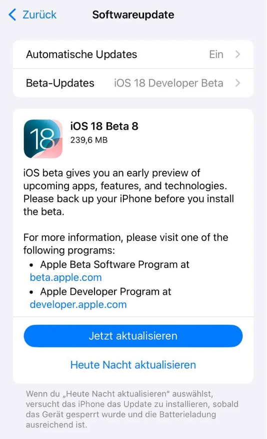 浦东苹果手机维修分享苹果 iOS / iPadOS 18 开发者预览版 Beta 8 发布 